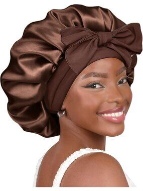 〽️Women Brown Double Layer Hair Wrap Reduce Friction Prevent Frizz Satin Bonnet